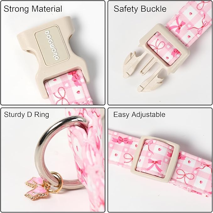 DOGWONG Pink Plaid Dog Collar-Cute Pink Bowtie Print Dog Collar, Adjustable Cotton Girl Female Pet Collar with Quick Release Buckle,XL