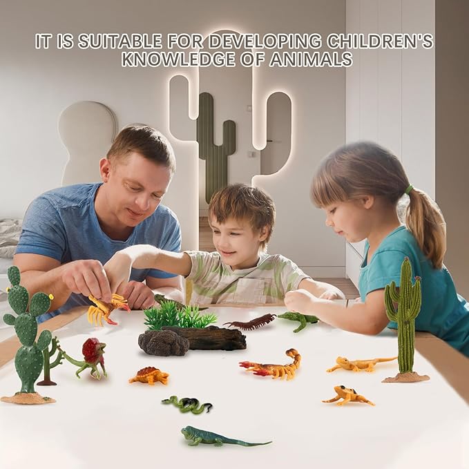 32Pcs Desert Reptiles Animals Figures Toys School Projects Diorama Kit Lizard Snake Cactus Plants Rock Playset for Kids Toddlers Cake Toppers Birthday Party Favor Decorations
