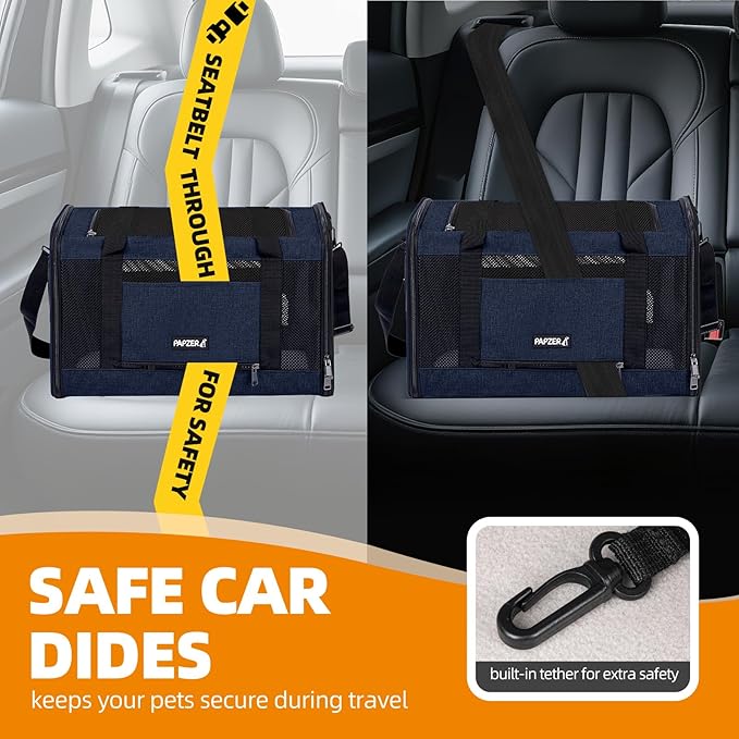 Cat Carrier Soft-Sided Travel Bag for Medium to Large Cats Over 15lbs, Small Dog Carrier Crate Top Entry Breathable Mesh Puppy 12 Pounds, Pet Rabbit Carrying Cage Kennel Collapsible Navy
