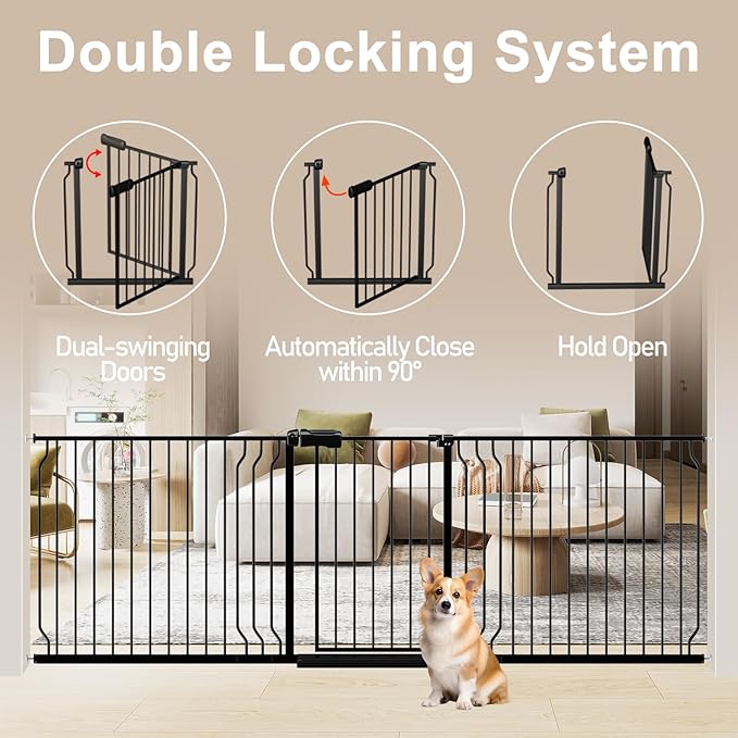 WAOWAO Baby Gate 29.13-43.3" Extra Wide Pressure Mounted Walk Through Swing Auto Close Safety Black Metal Toddler Kids Child Dog Pet Puppy for Stairs,Doorways,Kitchen