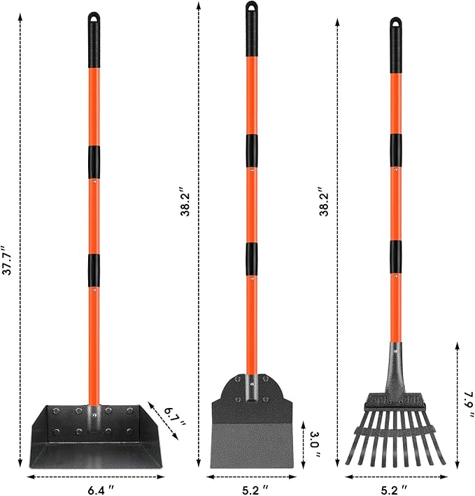 Pooper Scooper, Detachable Long Handle Dog Pooper Scoopers with Heavy Duty Metal Rake, Tray & Spade, Durable Pooper Scooper for Large Medium Small Dogs, Great for Lawn, Grass, Dirt, Gravel, Yard