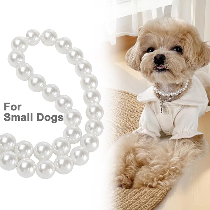 Chunky Pearl Dog Collar(0.55 Inch) for Small Dogs Cats, Adjustable Beaded Dog Collar Imitation White Pearls, Elegant Dog Jewelry Girl Accessories for XS Extra Small Dogs Necklace.