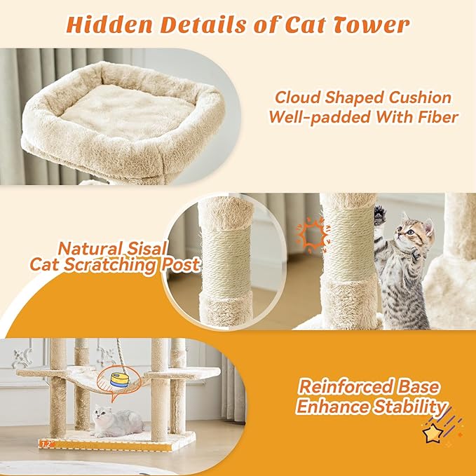 Large Cat Tree 66 Inch, Multi-Level Tall Cat Tree Tower with Condo, Perches, Sisal Scratching Posts and Hammock, Pet Play House with Dangling Balls for Indoor Cats, Beige