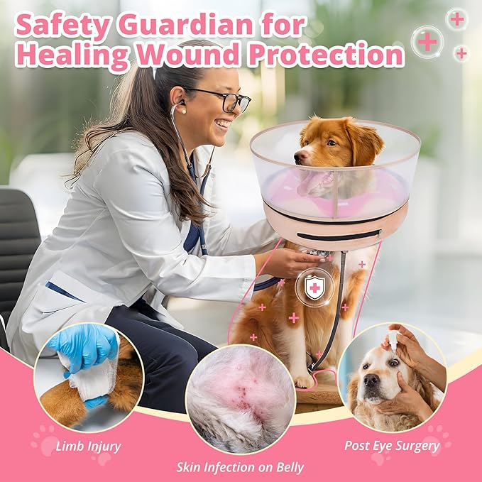 Inflatable Dog Cone with Transparent Shield, Protective Dog Donut Collar After Surgery to Stop Licking, Soft Donut Cone for Medium Pets, Adjustable Recovery Collar with Buckle Visibility