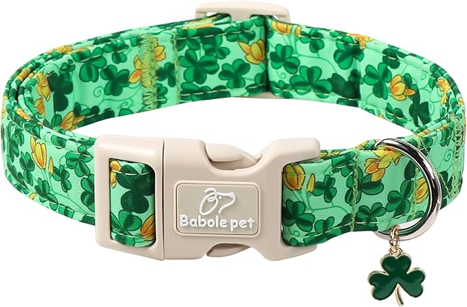 St. Patrick's Day Dog Collar for Small Dogs - Green Shamrock & Yellow Flower Print Dog Collars, Cute Irish Party Puppy Collar, Lightweight Adjustable St. Patricks Day Pet Collars S
