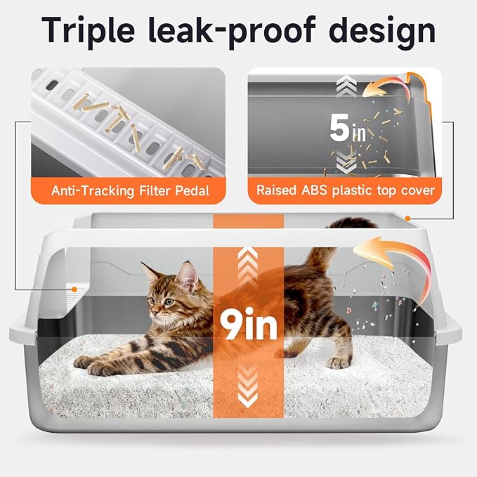 Stainless Steel Cat Litter Box, Odor Free Metal Litter Box with High Sides Lid, Open Top Low Entry Litter Pan Include Scoop Easy Cleaning Anti-Scratch Kitty Cat Box Anti-Urine Leakage, Non-Sticky, M
