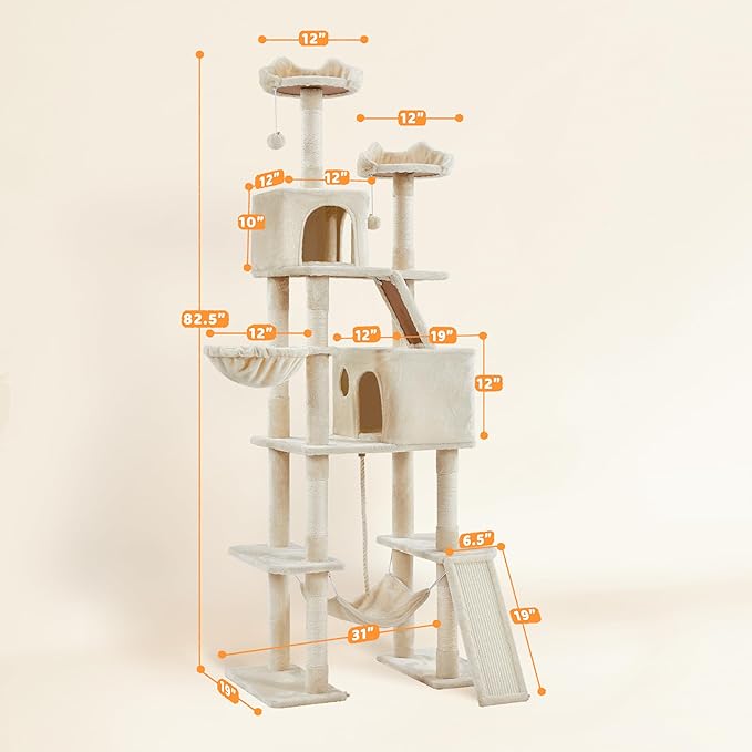 Yaheetech Cat Tree, 82.5in Large Tower w/Hammock, 2 Kitty-Ear Perches, 2 Cozy Condos, Scratching Posts, Basket, Furniture for Large Cats, Kittens, Beige