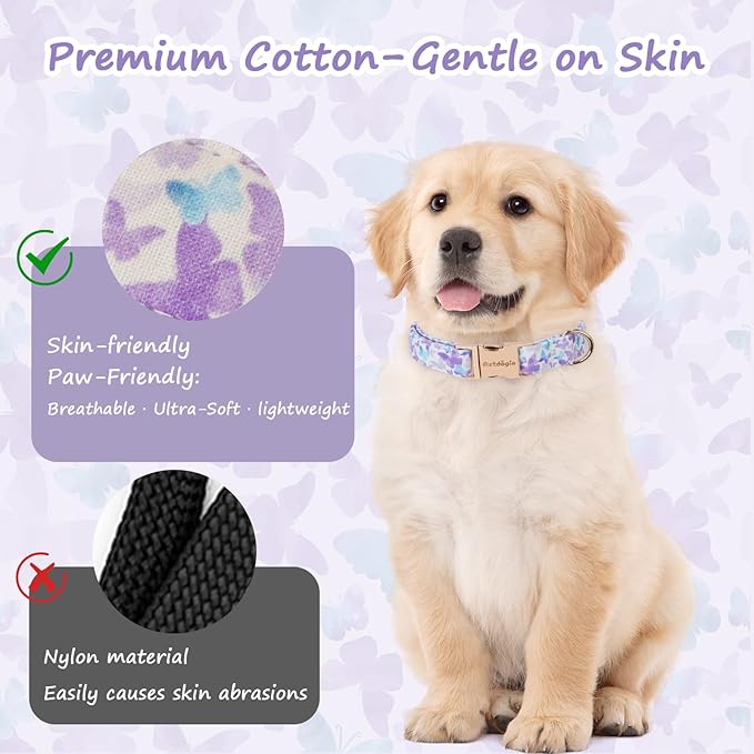 Elegant Butterfly Dog Collar, Purple Blue Gradient Design Collars for Dogs, Adjustable Comfortable for Small Medium Large Dogs, Handmade Cotton Puppy Collar for Daily Walks, Park Adventures-M