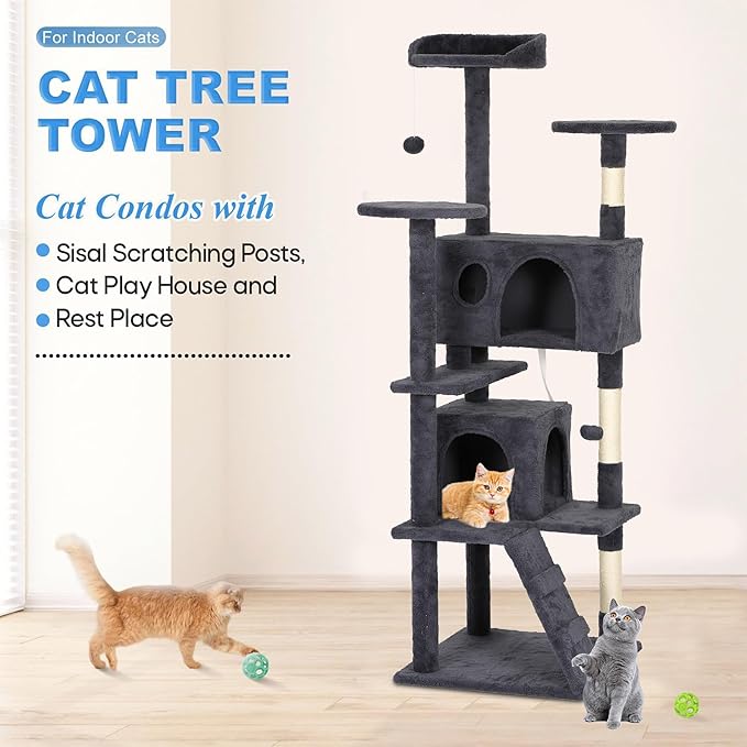 FDW | 62" Cat Tree Tower | Dark Gray | Multi-Level Indoor Activity Center with Sisal Scratching Posts, Condos, Plush Perches, Hanging Cat Toys | Sturdy, Easy to Assemble | for Kittens & Adult Cats