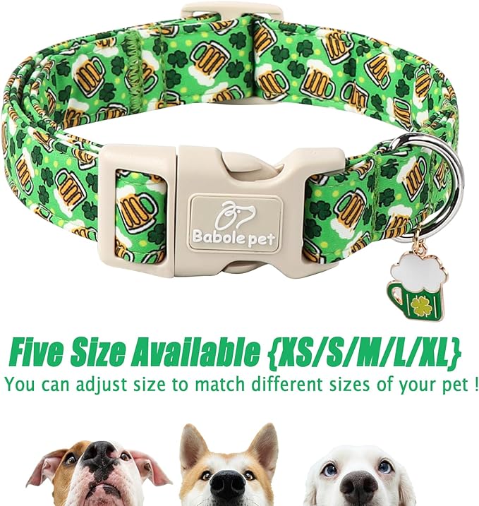 St Patricks Day Dog Collar for Small Dogs - Green Beer Shamrock Dog Collars for Boys&Girls Dogs, Adjustable Irish Clover Puppy Collar with Quick Release Buckle S