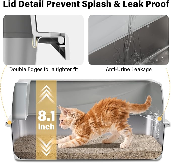 Stainless Steel Litter Box with Lid,Open Top Low Entry Litter Box, Metal Kitty Litter Box for Medium/Small Cats,Odor Control,Anti-Leakage, Non-Sticky, Includes Mat&Scoop,17.5x13.6x8in,