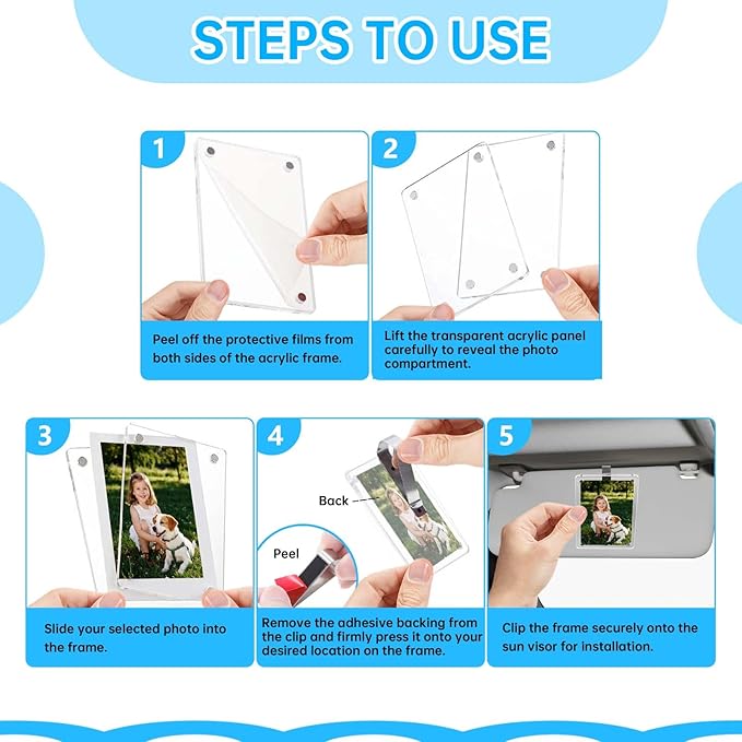 4 Pack Magnetic Car Visor Photo Holder – Personalized Acrylic Clip for Family, Pets, Travel Pictures – Easy Snap-On Car Accessory for Sun Visor (4 Pack, 2.4''x3.5'')