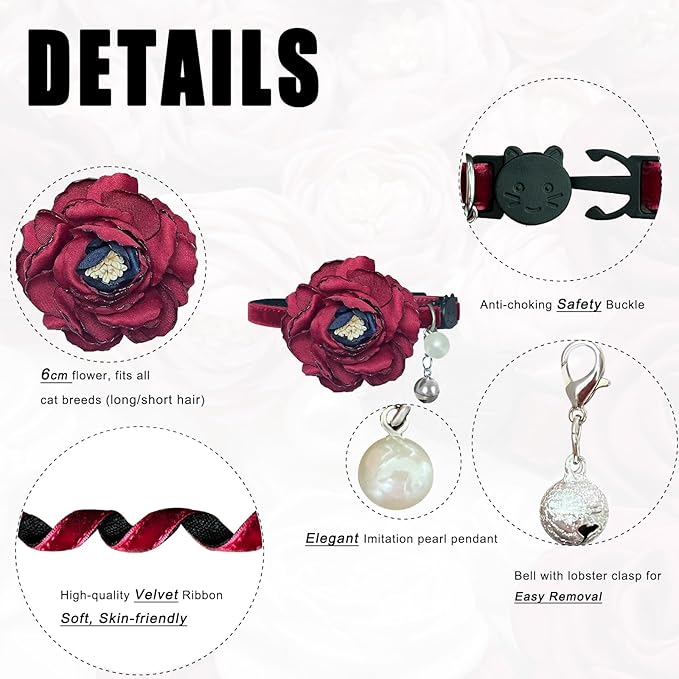Fupo Cat Collars for Girl Cats - Floral Cat Collar Breakway Kitten Collar with Bell for Small Female Cats Puppies (Red)