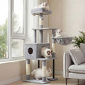Heybly Cat Tree, 49.2 Inches Cat Tower for Indoor Cats, Spacious Cat House Condo with Hidden Space，Sturdy Steel Tube，Soft Plush Top Perch，Cozy Hammock and Sisal Scratching Posts, Light Gray HCT200SW