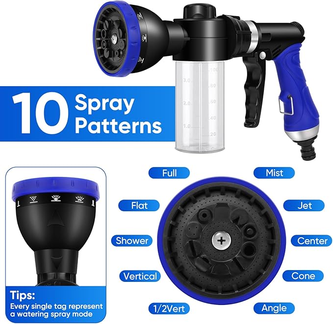 Pet Bathing Sprayer Kit,10 Spray Patterns, Adjustable Hose Wash Sprayer with 4 to 8 Bars Foam Blaster,Suitable for Pet Washing, Car Cleaning and Garden Use with 1/2” Quick Connector