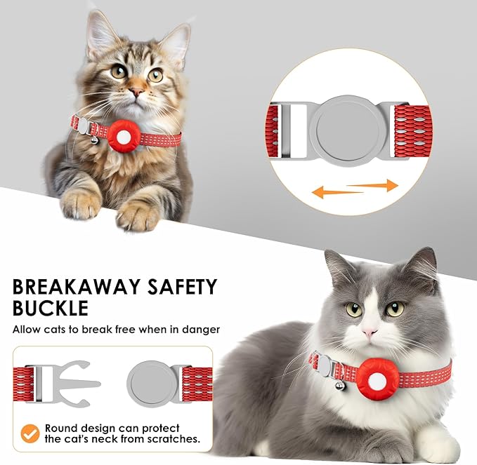 GPS Tracker for Cats, Cat Tracker Collar with Safety Elastic Buckle, Compatible with Apple Find My App (Only iOS), No Monthly Fee, Waterproof (White Tracker, Red Cat Collar)