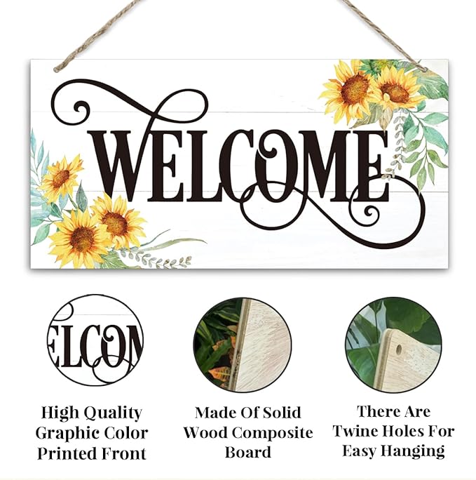 Welcome Sign for Front Door, Welcome Decor Wooden Hanging Sign for Wall Decor, Sunflower Pattern Signs, Rustic Funny Wooden Outdoor Front Door Hanging Decoration 13.8X6.9 inches