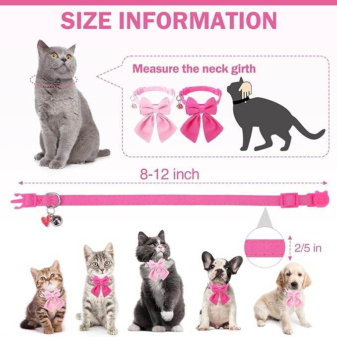 Cat Collar Breakaway with Bells, Soft Pure Cotton Pink Cat Bowtie Collar for Girl Cats, Small Cats Collar with Bow for Spring Summer, 2 Pack Cute Kitten Collars with Removable Bowtie 8-12Inch