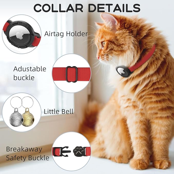 AirTag Cat Collars, Stretchy Collar with Apple AirTag Holder and Bell, Breakaway Ultra Design Elastic GPS Tracking Collars for Cats and Puppies, (7.5-12.5 Inch), Red