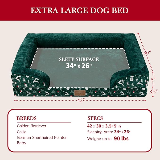 Comfort Expression Orthopedic Dog Bed for Extra Large Dogs 42x30 Inch, Waterproof Egg Crate Foam XL Pet Bed, Gifts for Christmas, Dog Couch with Washable Cover & Non-Slip Bottom, Christmas Green