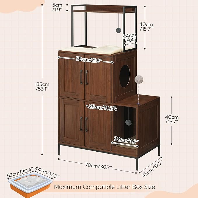 HOOBRO Litter Box Enclosure, Litter Box Furniture with Storage, 2-in-1 Hidden Cat Furniture with Shelf, 2 Dangling Plush Balls and 1 Toy Ball, Large Wooden Cat Washroom, Walnut WL78MW01