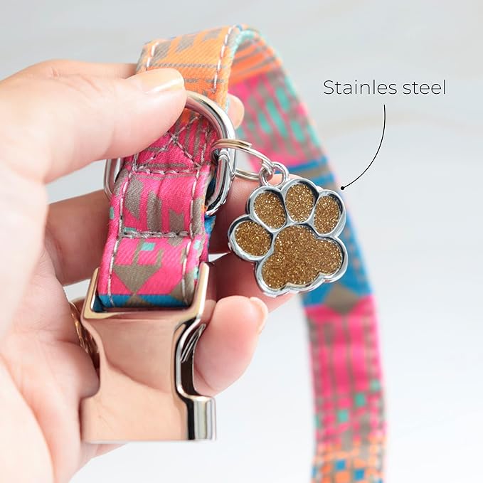 Paw Shape Dog ID Tag Stainless Steel Custom Laser Engraved, Cute Bling Glitter Pet Name Tags Personalized with Durable Engraving (Silver Sparkly Paw)