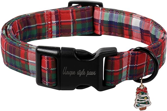 Christmas Dog Collar, Unique Style Paws Red Green Grids Dog Collar for Christmas Comfortable Red Pet Collar with Lightweight Plastic Buckle for Holiday, Fancy Dog Gift