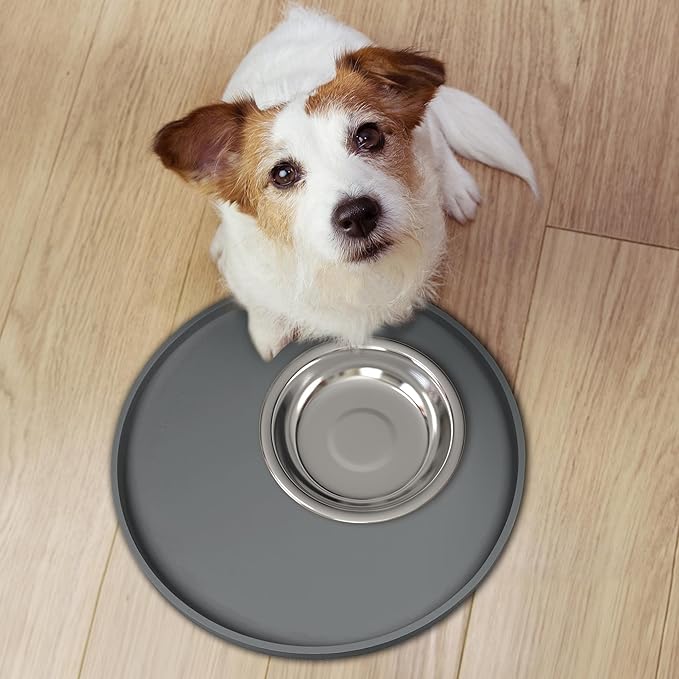4 PCS Thickened Pet Silicone Food Mat, Nonslip Waterproof Cat Dog Feeding Bowl Mats with Raised Edges for Food and Water Prevent Spills, Round Eating Tray for Floors, Puppy Kitten, 10'' x 10''