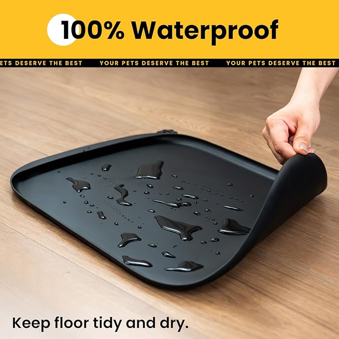 Silicone Dog Food Mat with Side Pocket & Hook Hole, Soft Raised Edges, Easy Clean Waterproof Non-Slip Pet Feeding Mat for Cats and Dogs Water Bowl, Pets Accessories(24"x16",Black)