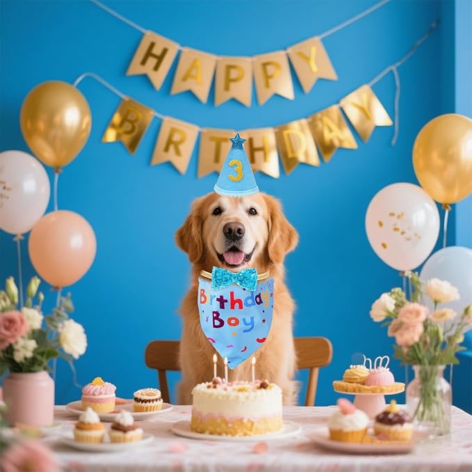 hoyuwak Dog Birthday Party Supplies Girl Boy Dog Birthday Bandana Bow Hat with Numbers for Small Medium Large Pets