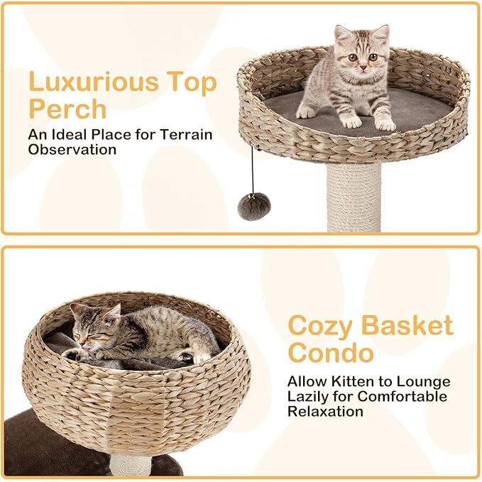 PETSITE 41 Inch Modern Cat Tree for Indoor Cats, Multi-Level Cat Tower with Scratching Posts, Hand-Made Wicker Cat Condo & Top Perch, Dangling Ball, Sisal Rope, Cute Cat Tree for Indoor Cats