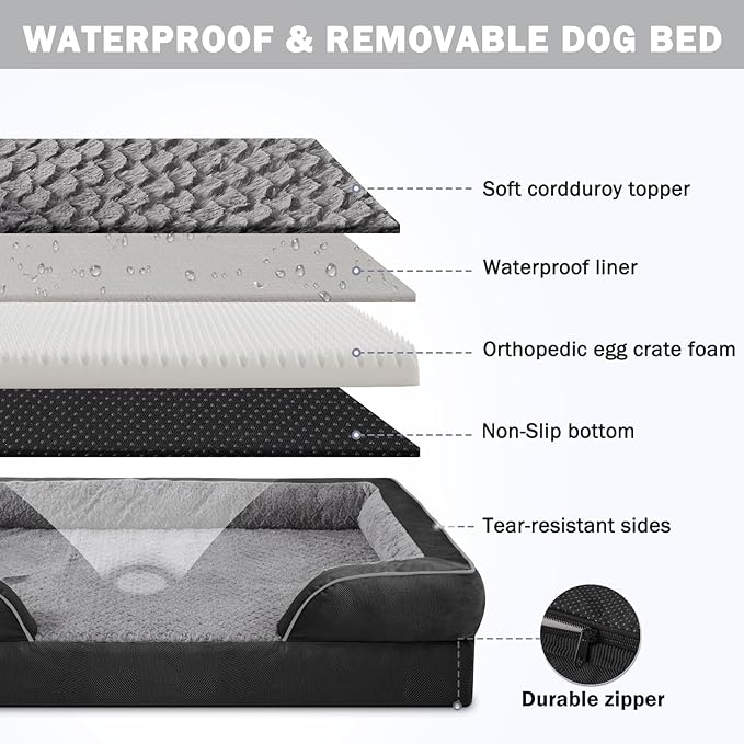 INVENHO Orthopedic Dog Bed for Large Dogs, Washable Waterproof, Egg-Crate Foam Dog Couch Bed with Washable Removable Cover, Waterproof Lining and Nonskid Bottom