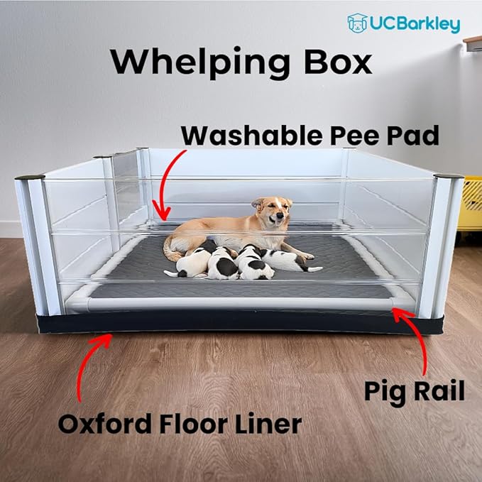 Whelping Box for Dogs and Puppies with Clear Window Panel – Modular, Easy-Clean, Safe Design with Pig Rail, Floor Liner & Washable Pad | UC Barkley Premium 48 Inch