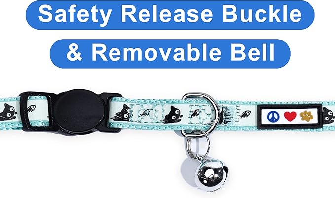 Pawtitas Glow in The Dark Cat Collar with Breakaway Safety Buckle & Bell Adjustable Kitten Collar, Teal