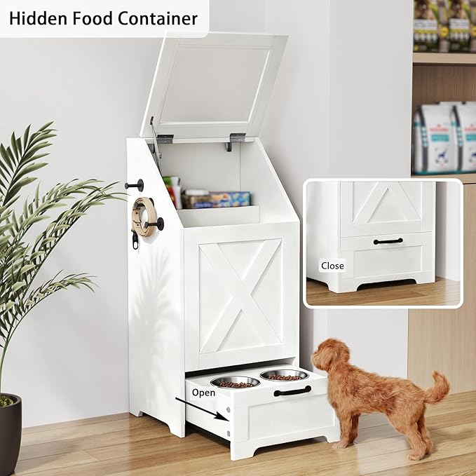 Dog Feeding Station with Storage Cabinet and 2 Elevated Dog Bowls, Hidden Pet Food Storage Organizer for Dog &Cat,Modern Dogs Furniture (White)