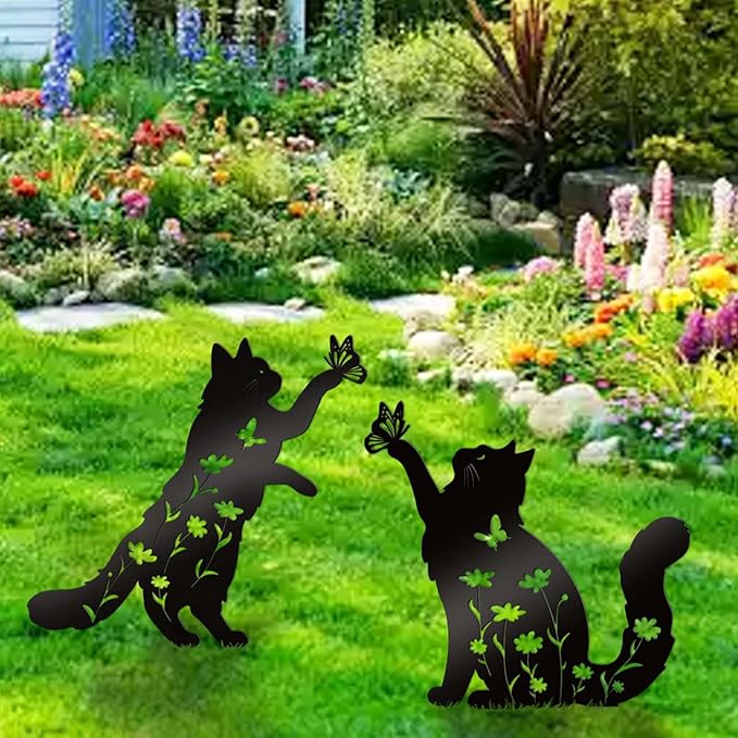 Bnesi Floral Long-Haired Cat Yard Decor Pet Grave Markers Metal Sign Silhouette Garden Ornament Pet Grave Markers Outdoor Cat Memorial Gift Flowerbed Decor (Lively)