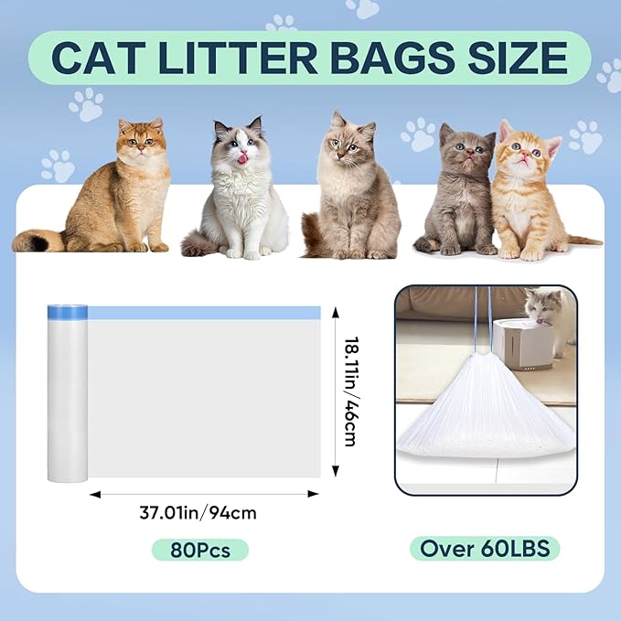 80 Count Jumbo Cat Litter Box Liners, Cat Litter Liners for Automatic Litter Box, 10-15 Gallon Heavy Duty Cat Litter Bags with Drawstrings, 37" x 18.11"