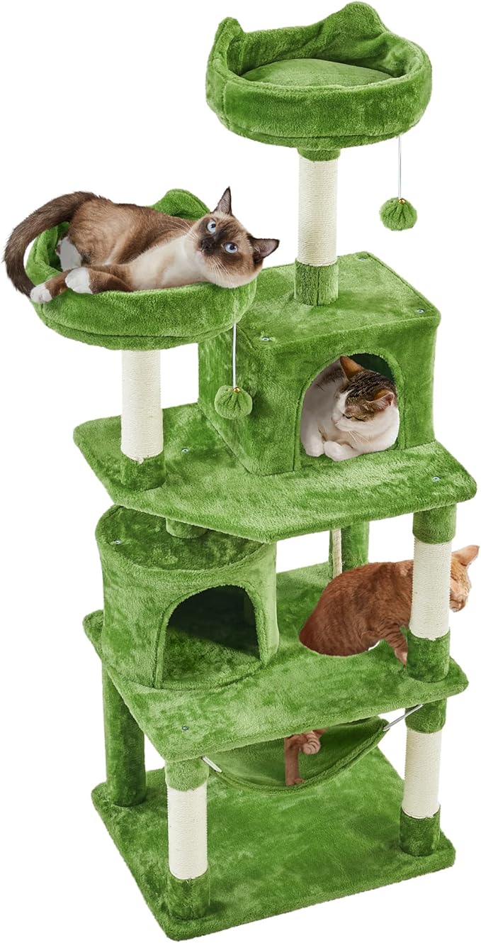 Topeakmart 62.2 inches Cat Tree with Double Condos, Cat Tower with Scratching Posts & Hammock & Foam-Padded Perches, Kitty Activity Tree Center Kitten Play House, Green
