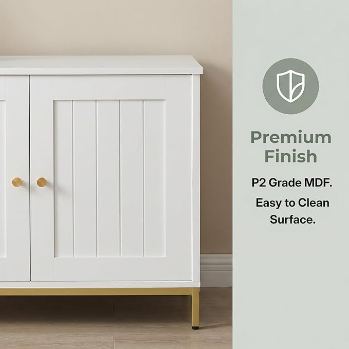 Homhedy Cat Litter Box Enclosure, Cat Washroom Furniture with Metal Frame, Pet House, Fit Most of Litter Box, Modern Style, White and Gold