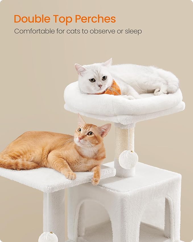 Feandrea Cat Tree, 44.1-Inch Cat Tower, Plush Multi-Level Condo with 4 Scratching Posts, 2 Perches, Hammock, Cave, Cream White UPCT261T01
