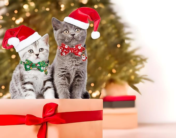 Christmas Cat Collar with Cute Bow Tie Bell 2Pack Red Green Santa Claus Breakaway Collar for Male Female Soft Christmas Kitty Kitten Cute Cat Collars Ideal for Girl Cats Boy Male Cats