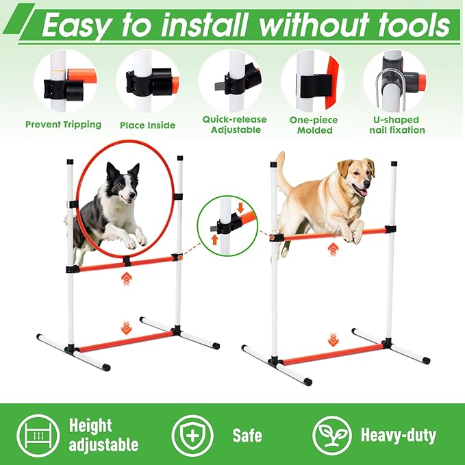 Dog Agility Course Backyard Set, Dog Agility Equipment, Pet obstacle Course Backyard with 6 Dual Mode Weave Poles, 2 Adjustable Hurdle, Jump Ring, Tunnel, Pause Box, Toy Balls and 2 Carrying Bags