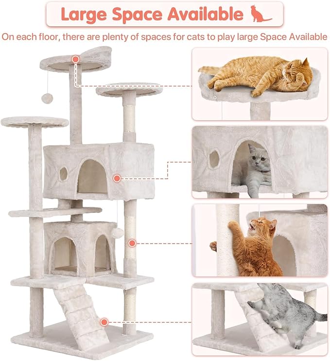 54in Cat Tree Cat Climbing Tower with Scratching Post, Cats House Perch Kitten Tree Condo Wood Playhouse, Pet Trees Tower for Indoor Cats, Beige
