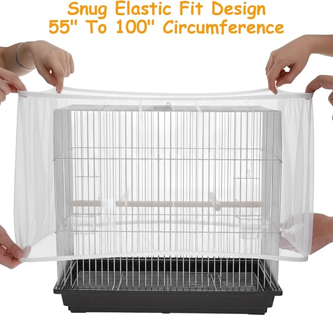 Bird Cage Seed Catcher, Adjustable White Bird Cage Net Birdcage Cover Skirt Nylon Mesh Netting, Stretchy Birds Cages Guard for Parrot Parakeet Macaw African Any Cages Cover