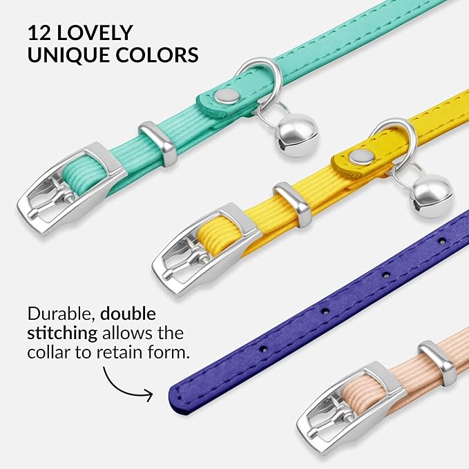 CollarDirect Leather Cat Collar with Bell - Kitten Collar, Small and Big Cat Collar for Boy Cats, Girl Cats with Safety Elastic Strap (Neck Fit 8"-11", Purple)