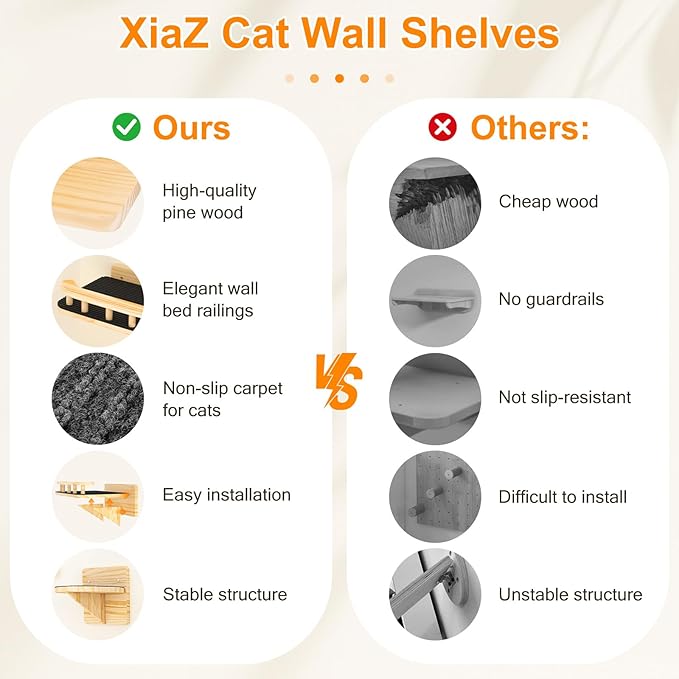 XiaZ Cat Wall Shelves, Cat Wide Climber Shelf with 3 Perch Steps, Kitty Wall Mounted Wooden Furniture up to 25lbs, Durable Floating Cats Stairs for Indoor Sleeping, Playing, Climbing and Lounging