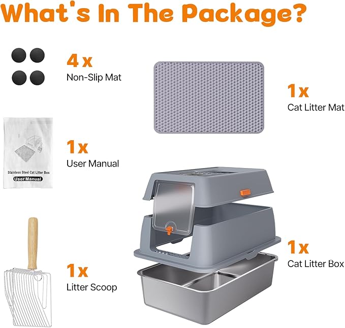 Stainless Steel Litter Box with Lid, 6” Deep Pan, Extra Large Litter Box for Big Cats, Anti-Leakage, Odor Free, Front & Top Dual Entry, Includes Litter Mat & Metal Scoop