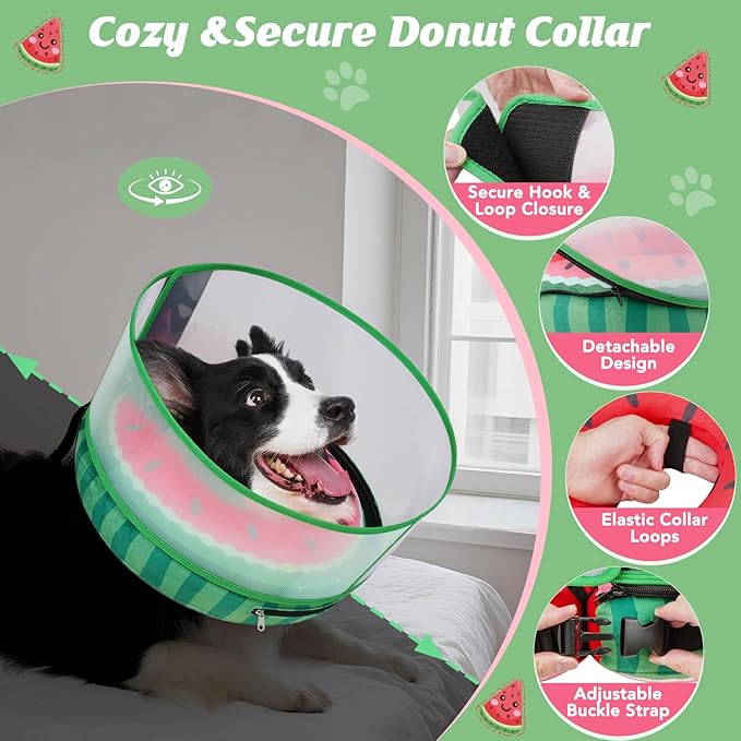 Inflatable Dog Cone with Anti-Licking Clear Shield, Protective Dog Donut Collar After Surgery, Adjustable Soft Recovery Cone for Pets, Alternative Collar with Buckle Strap (Watermelon, M)