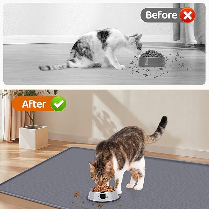 Cat Food Mat, 51" x 25.6" Extra Large Silicone Pet Feeding Mat with Raised Edge Pet Placemat for Food and Water Bowl Non-Slip, Easy to Clean, Floor Protection (Dark Grey)