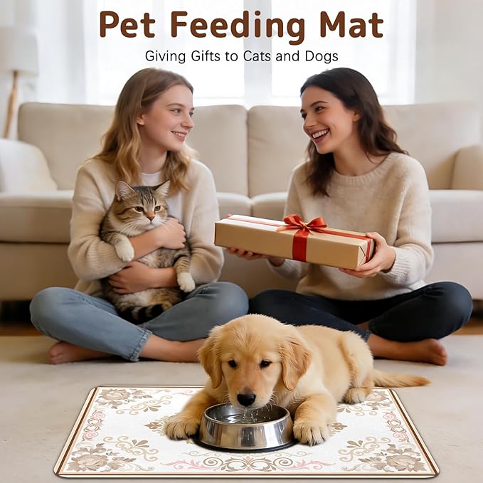 Dog Food Mat for Bowls, Absorbent Quick Dry Dog Cat Mats for Food and Water, Non-Slip Backing Pet Mat Pet Supplies - Floral Pattern